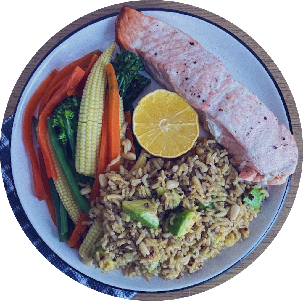 salmon, rice and veg